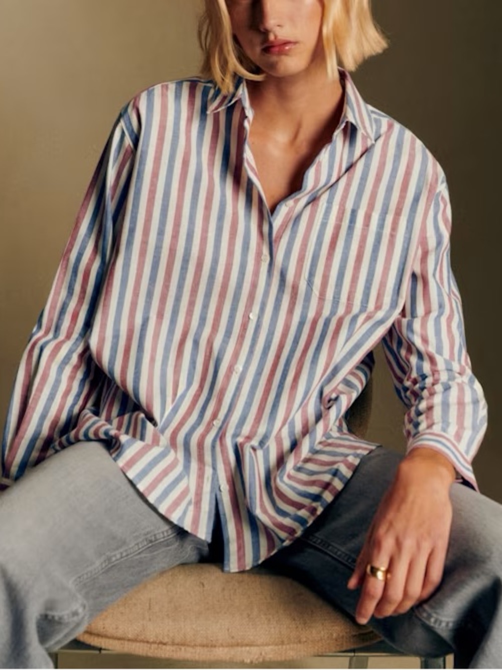 NWT Sézane Max Shirt Blue Ecru Burgundy Stripe Cotton 38 US 6 Oversized